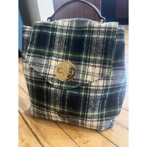 Frances Valentine Plaid Wool Backpack Green Tartan Leather Trim Preppy Vintage